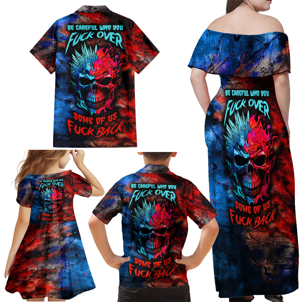 Be Careful Skull Family Matching Off Shoulder Maxi Dress and Hawaiian Shirt - Wonder Print Shop
