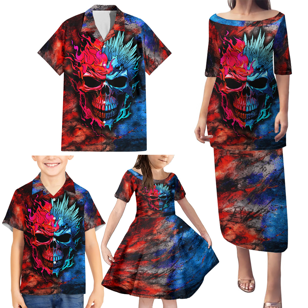 Be Careful Skull Family Matching Puletasi Dress and Hawaiian Shirt - Wonder Print Shop