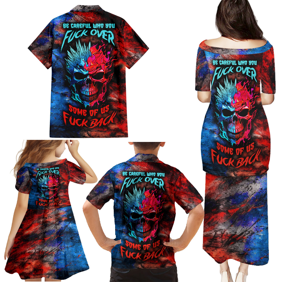 Be Careful Skull Family Matching Puletasi Dress and Hawaiian Shirt - Wonder Print Shop
