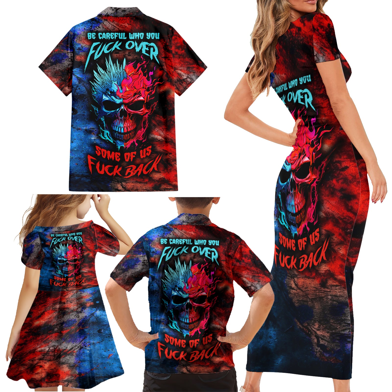 Be Careful Skull Family Matching Short Sleeve Bodycon Dress and Hawaiian Shirt - Wonder Print Shop