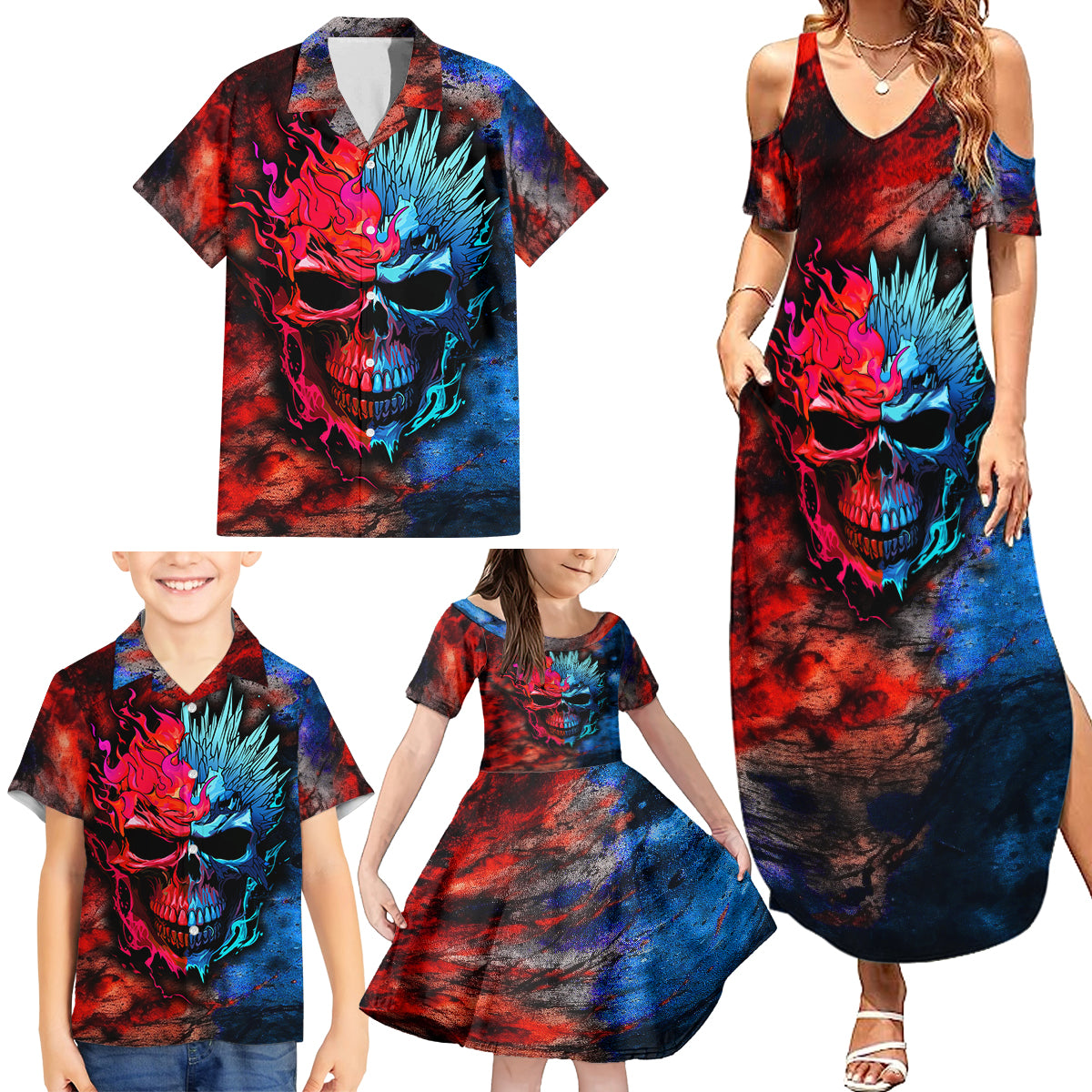 Be Careful Skull Family Matching Summer Maxi Dress and Hawaiian Shirt - Wonder Print Shop