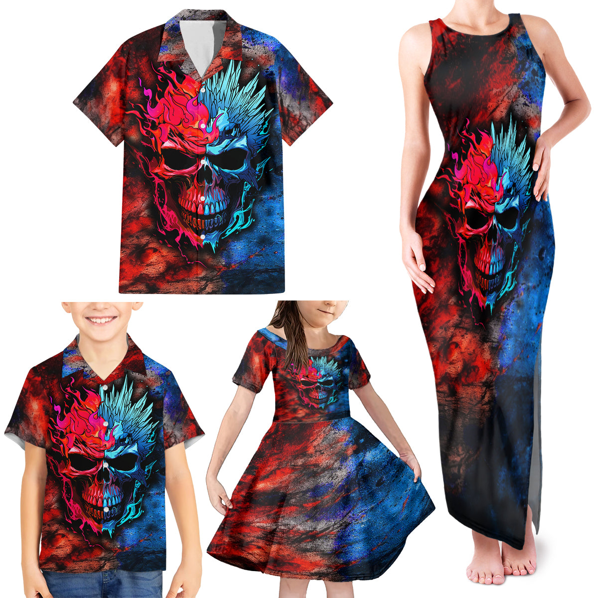 Be Careful Skull Family Matching Tank Maxi Dress and Hawaiian Shirt - Wonder Print Shop