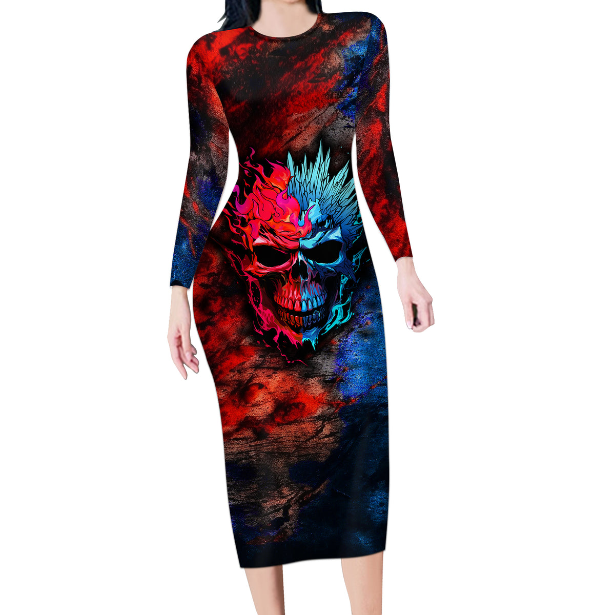 Be Careful Skull Long Sleeve Bodycon Dress - Wonder Print Shop