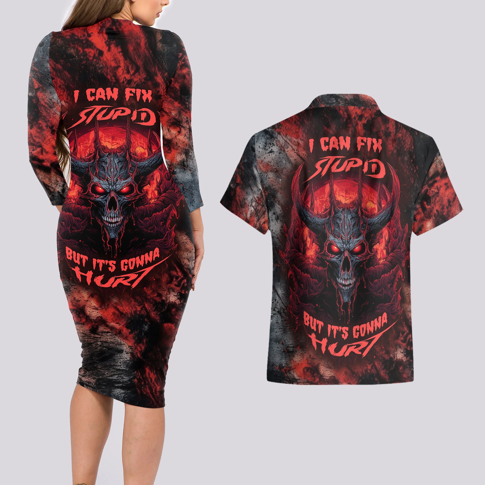 I Can Fix Stupid But It's Gonna Hurt Skull Couples Matching Long Sleeve Bodycon Dress and Hawaiian Shirt - Wonder Print Shop