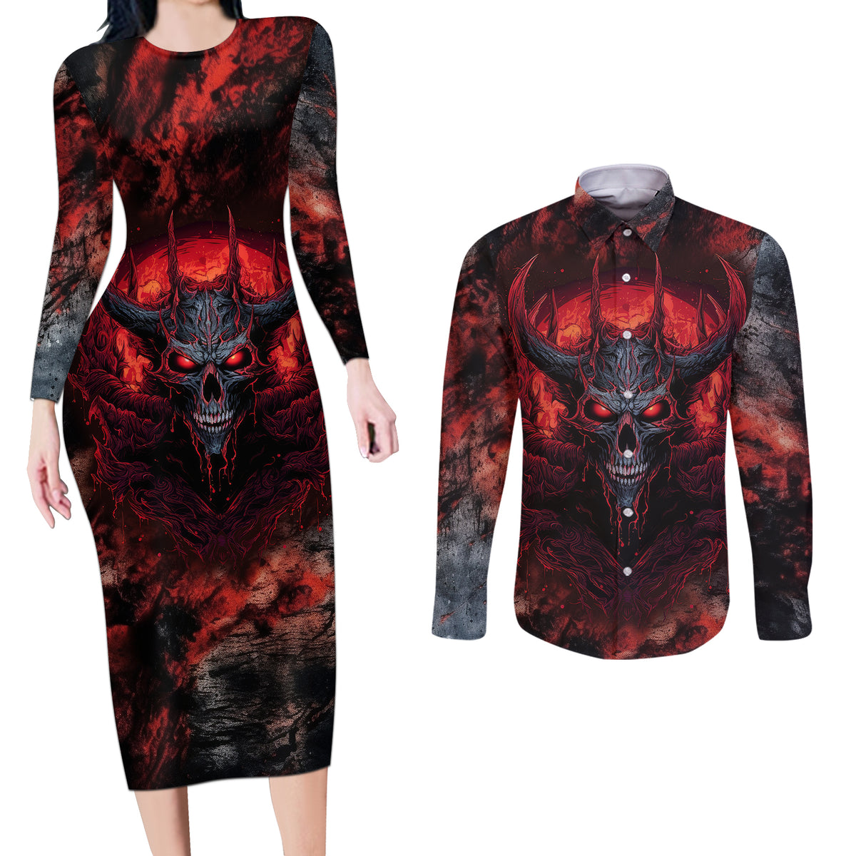 I Can Fix Stupid But It's Gonna Hurt Skull Couples Matching Long Sleeve Bodycon Dress and Long Sleeve Button Shirts - Wonder Print Shop