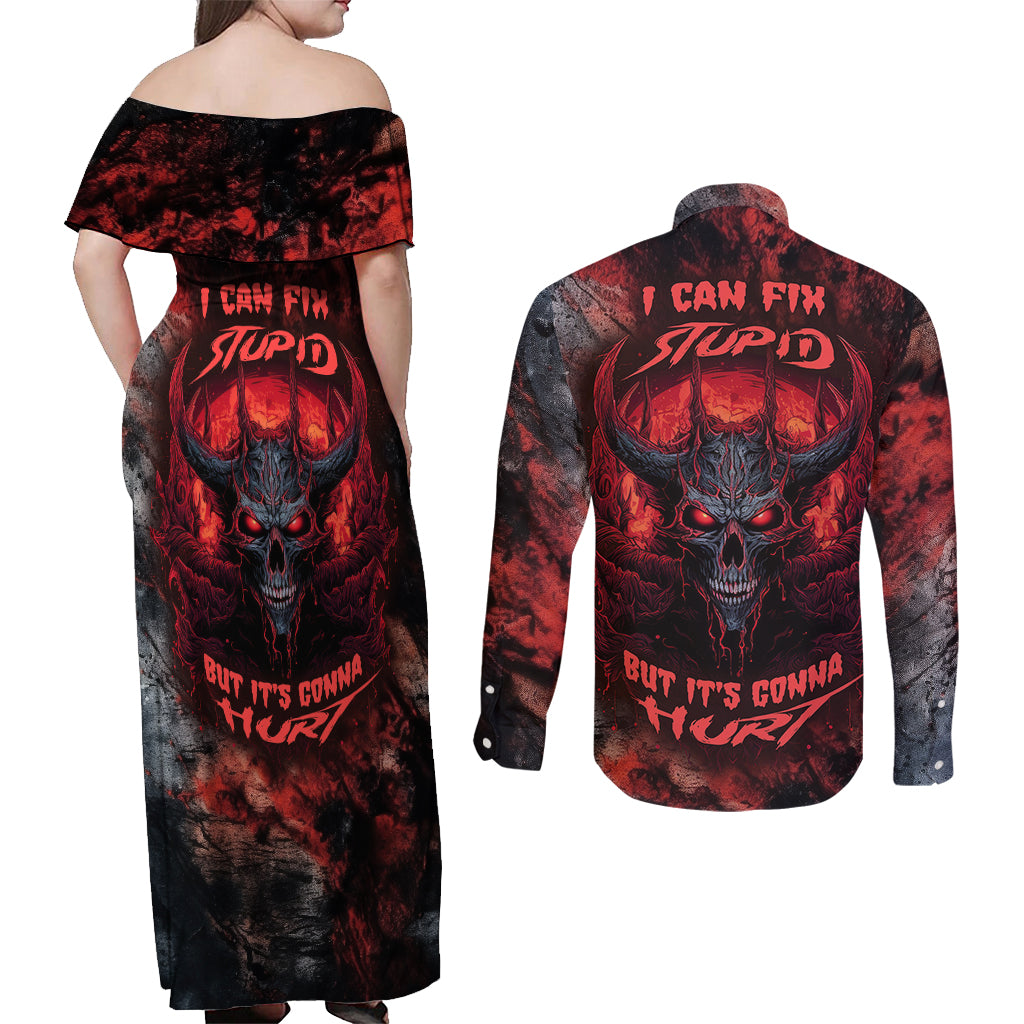 I Can Fix Stupid But It's Gonna Hurt Skull Couples Matching Off Shoulder Maxi Dress and Long Sleeve Button Shirts - Wonder Print Shop