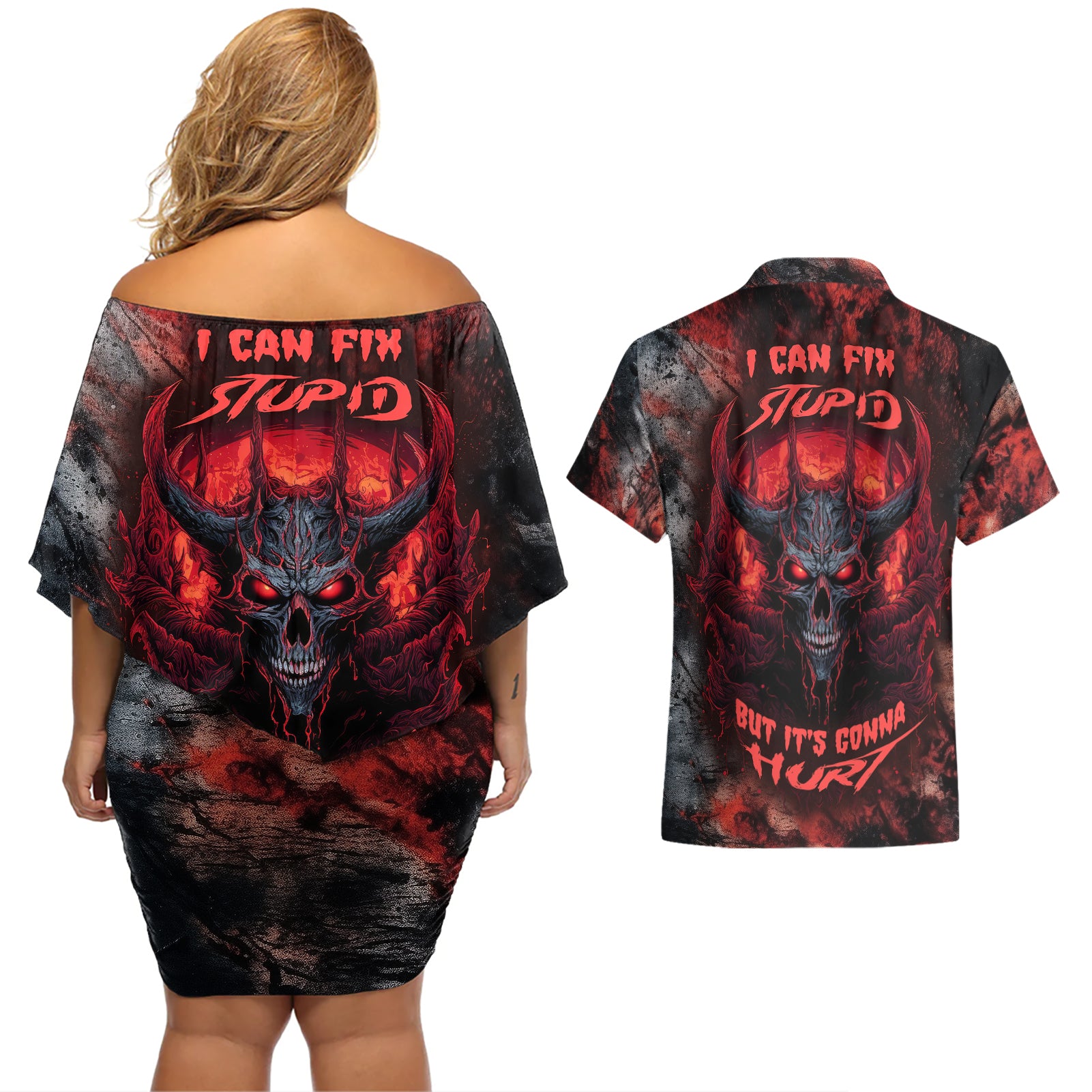 I Can Fix Stupid But It's Gonna Hurt Skull Couples Matching Off Shoulder Short Dress and Hawaiian Shirt - Wonder Print Shop