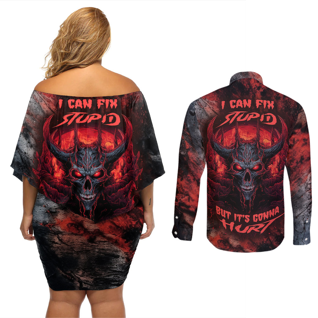 I Can Fix Stupid But It's Gonna Hurt Skull Couples Matching Off Shoulder Short Dress and Long Sleeve Button Shirts - Wonder Print Shop