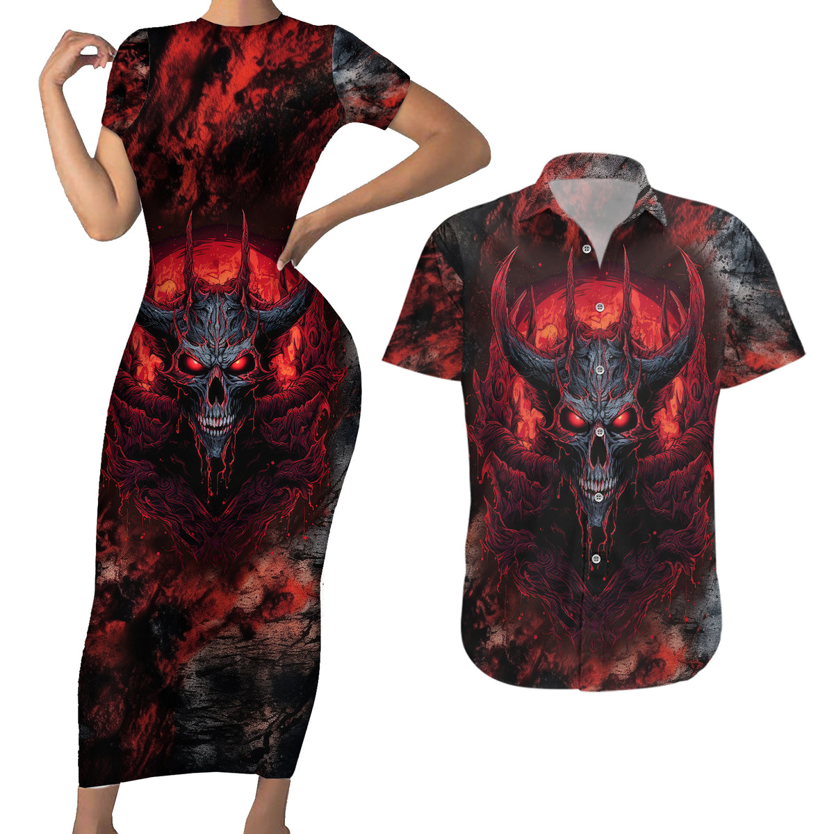 I Can Fix Stupid But It's Gonna Hurt Skull Couples Matching Short Sleeve Bodycon Dress and Hawaiian Shirt - Wonder Print Shop