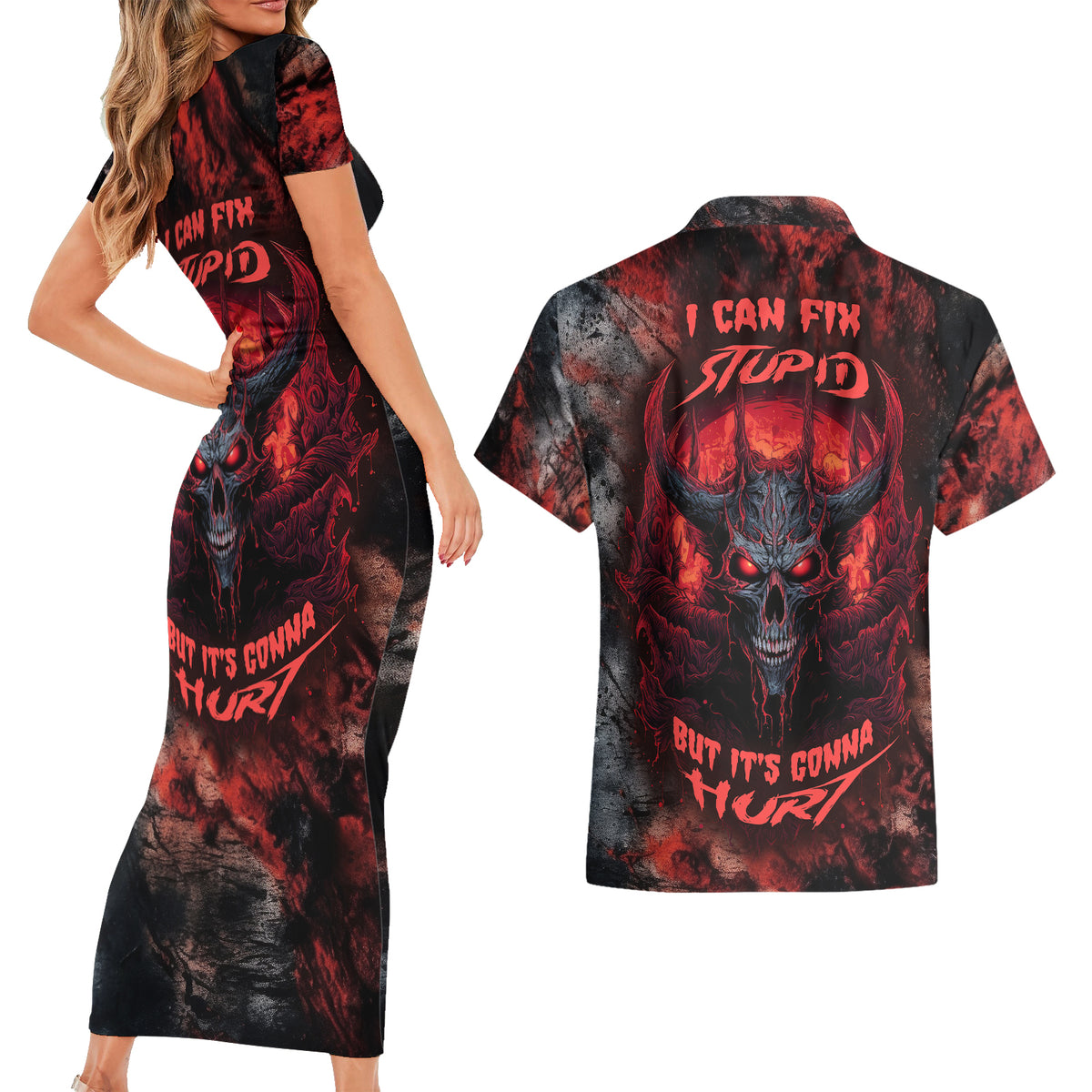 I Can Fix Stupid But It's Gonna Hurt Skull Couples Matching Short Sleeve Bodycon Dress and Hawaiian Shirt - Wonder Print Shop