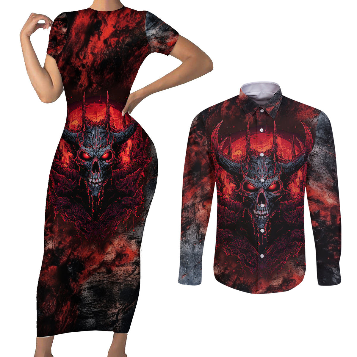 I Can Fix Stupid But It's Gonna Hurt Skull Couples Matching Short Sleeve Bodycon Dress and Long Sleeve Button Shirts - Wonder Print Shop