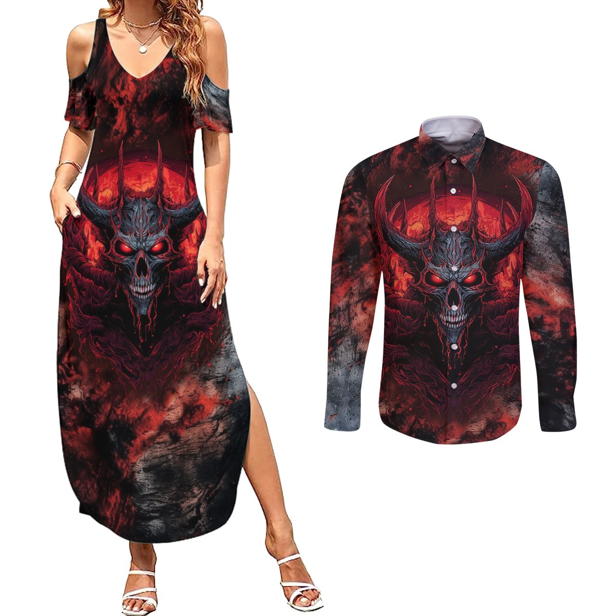 I Can Fix Stupid But It's Gonna Hurt Skull Couples Matching Summer Maxi Dress and Long Sleeve Button Shirts - Wonder Print Shop