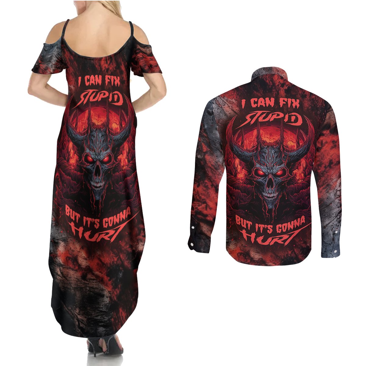 I Can Fix Stupid But It's Gonna Hurt Skull Couples Matching Summer Maxi Dress and Long Sleeve Button Shirts - Wonder Print Shop