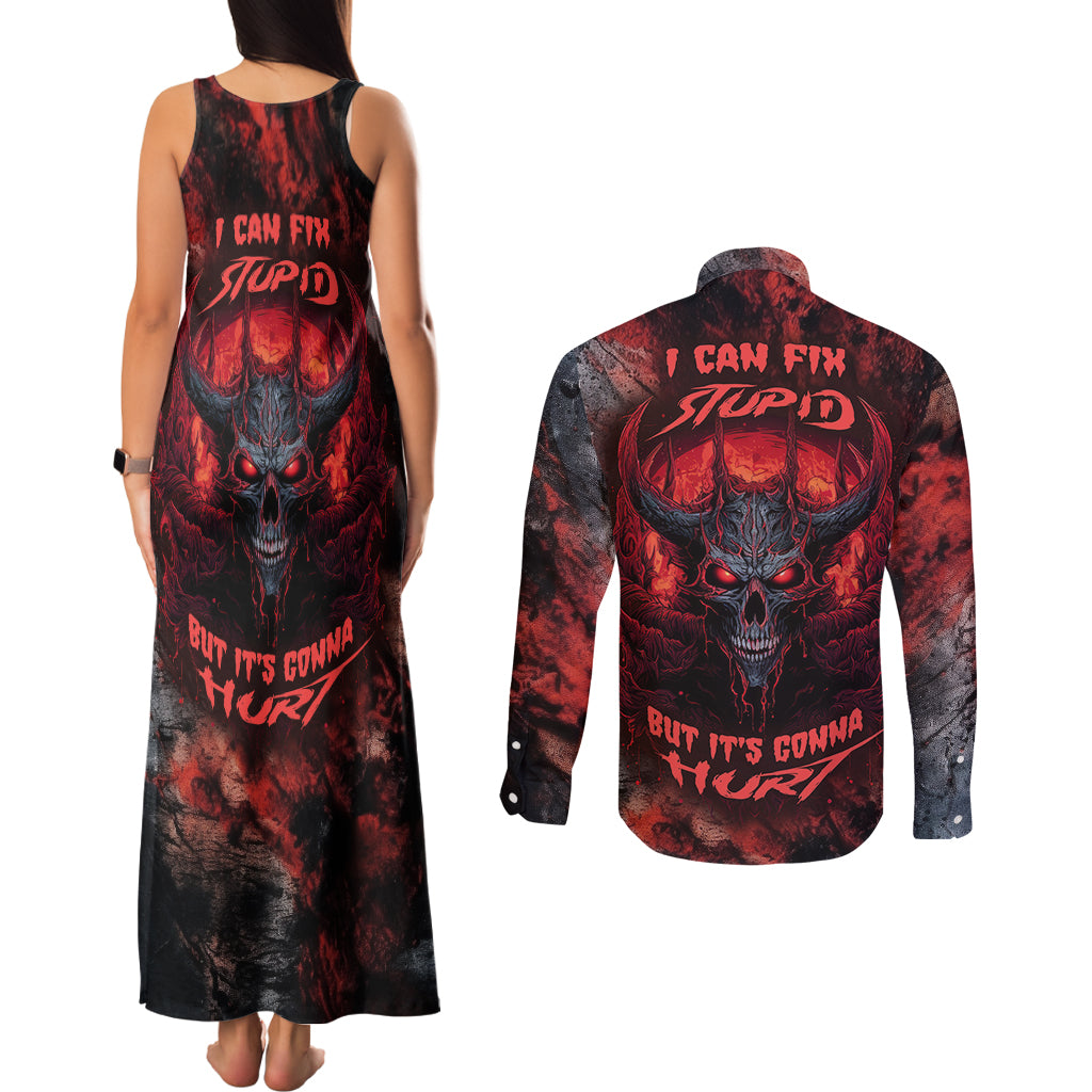 I Can Fix Stupid But It's Gonna Hurt Skull Couples Matching Tank Maxi Dress and Long Sleeve Button Shirts - Wonder Print Shop