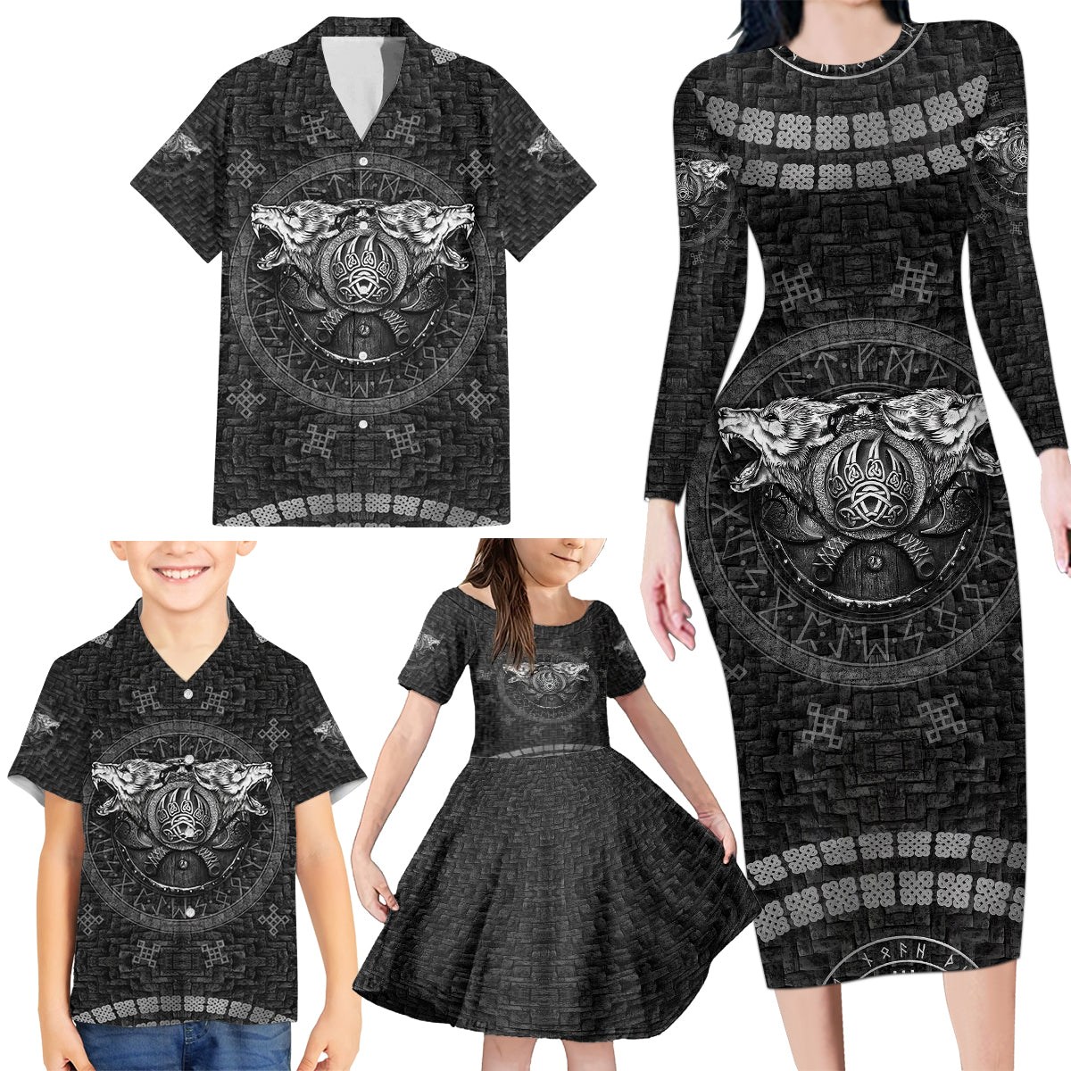 Viking Family Matching Long Sleeve Bodycon Dress and Hawaiian Shirt Norse Wolf and Bearclaw Fusion - Wonder Print Shop