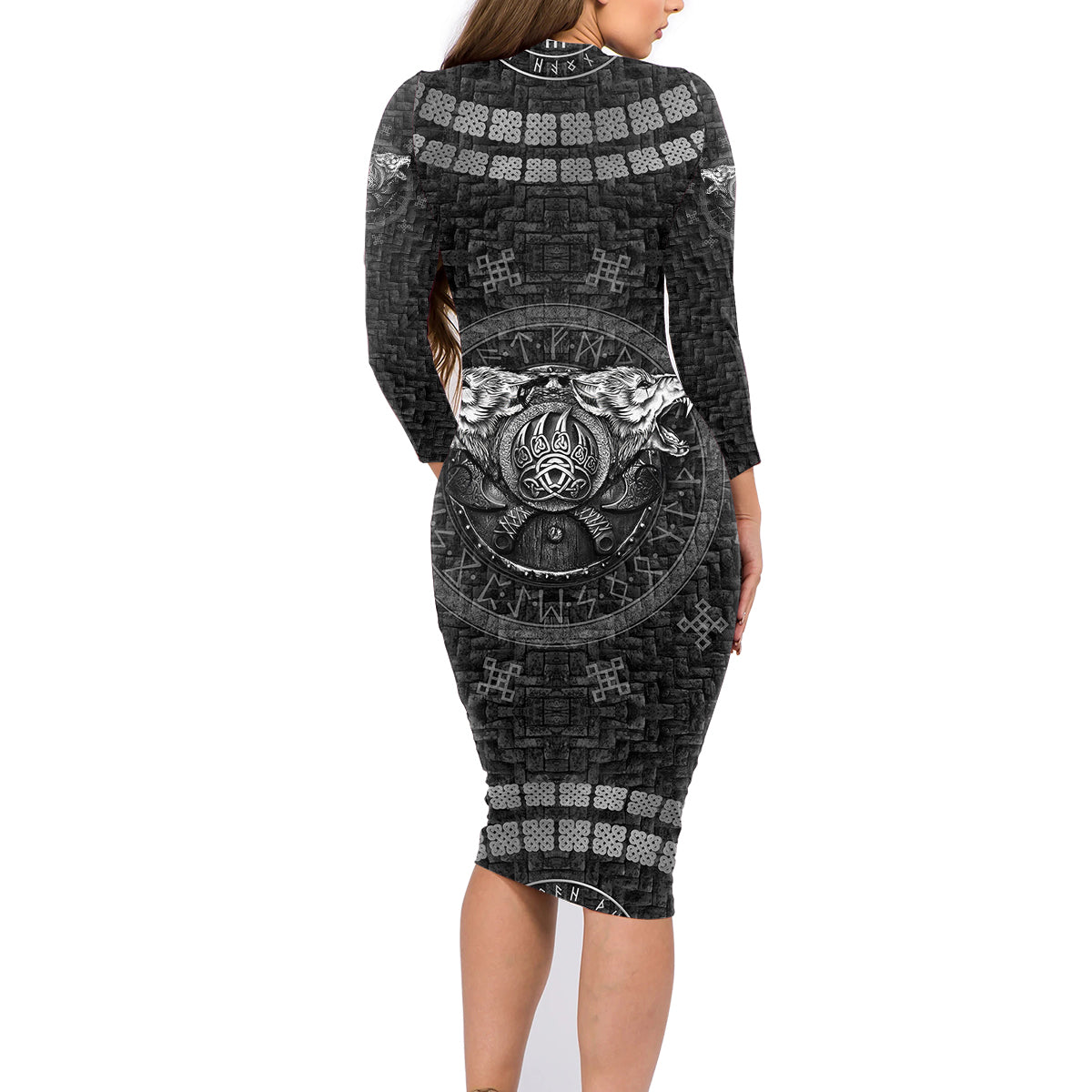 Viking Family Matching Long Sleeve Bodycon Dress and Hawaiian Shirt Norse Wolf and Bearclaw Fusion - Wonder Print Shop