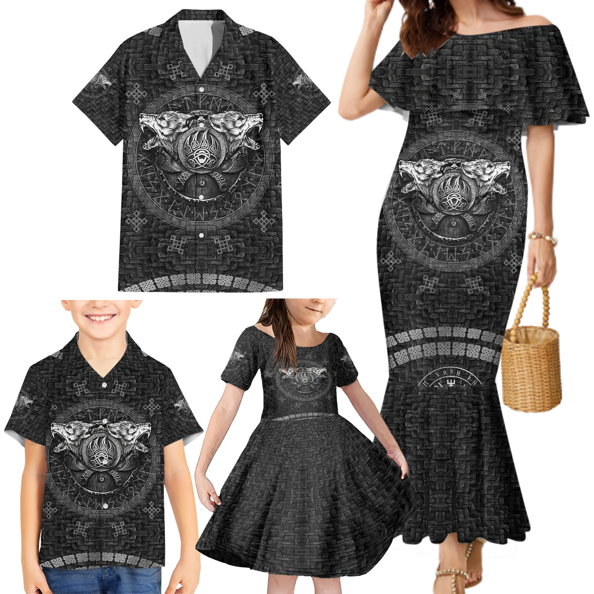 Viking Family Matching Mermaid Dress and Hawaiian Shirt Norse Wolf and Bearclaw Fusion - Wonder Print Shop