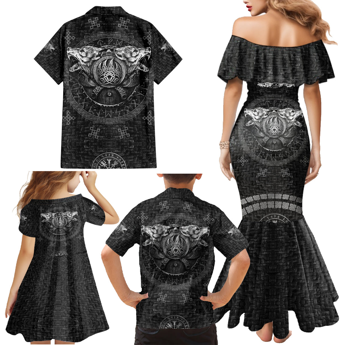 Viking Family Matching Mermaid Dress and Hawaiian Shirt Norse Wolf and Bearclaw Fusion - Wonder Print Shop