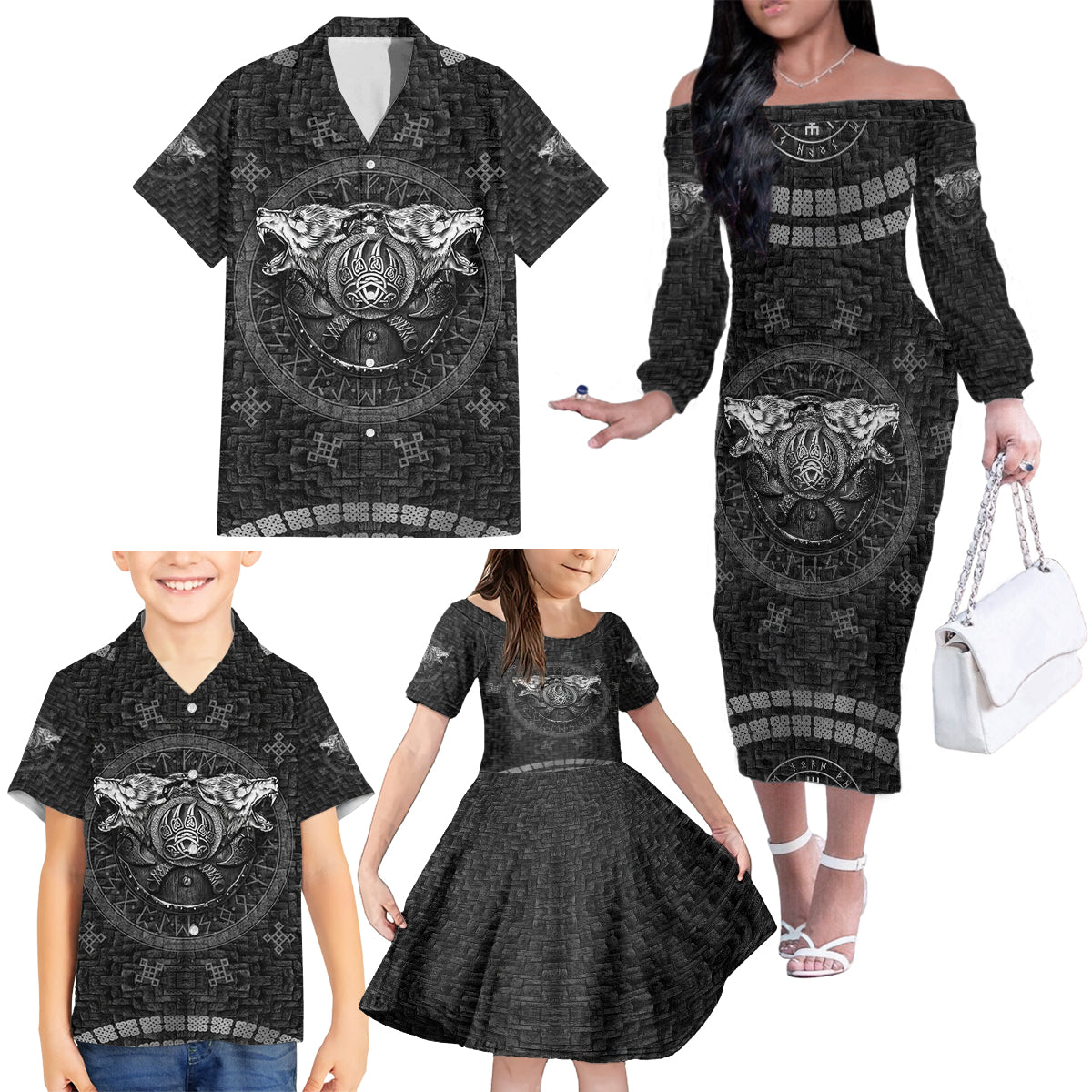 Viking Family Matching Off Shoulder Long Sleeve Dress and Hawaiian Shirt Norse Wolf and Bearclaw Fusion - Wonder Print Shop