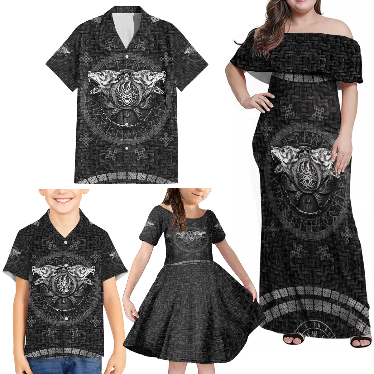 Viking Family Matching Off Shoulder Maxi Dress and Hawaiian Shirt Norse Wolf and Bearclaw Fusion - Wonder Print Shop
