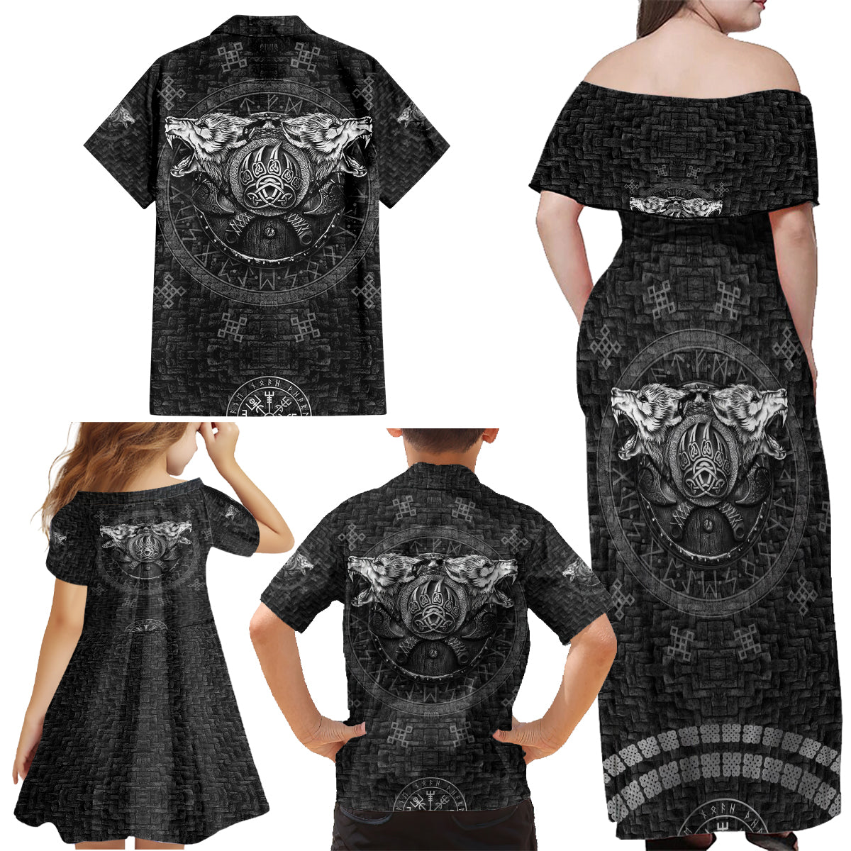 Viking Family Matching Off Shoulder Maxi Dress and Hawaiian Shirt Norse Wolf and Bearclaw Fusion - Wonder Print Shop