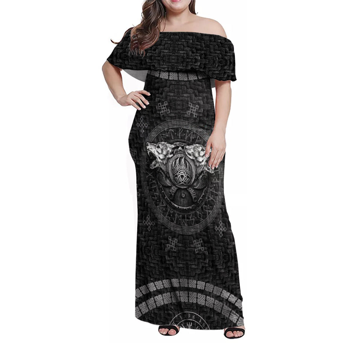Viking Family Matching Off Shoulder Maxi Dress and Hawaiian Shirt Norse Wolf and Bearclaw Fusion - Wonder Print Shop