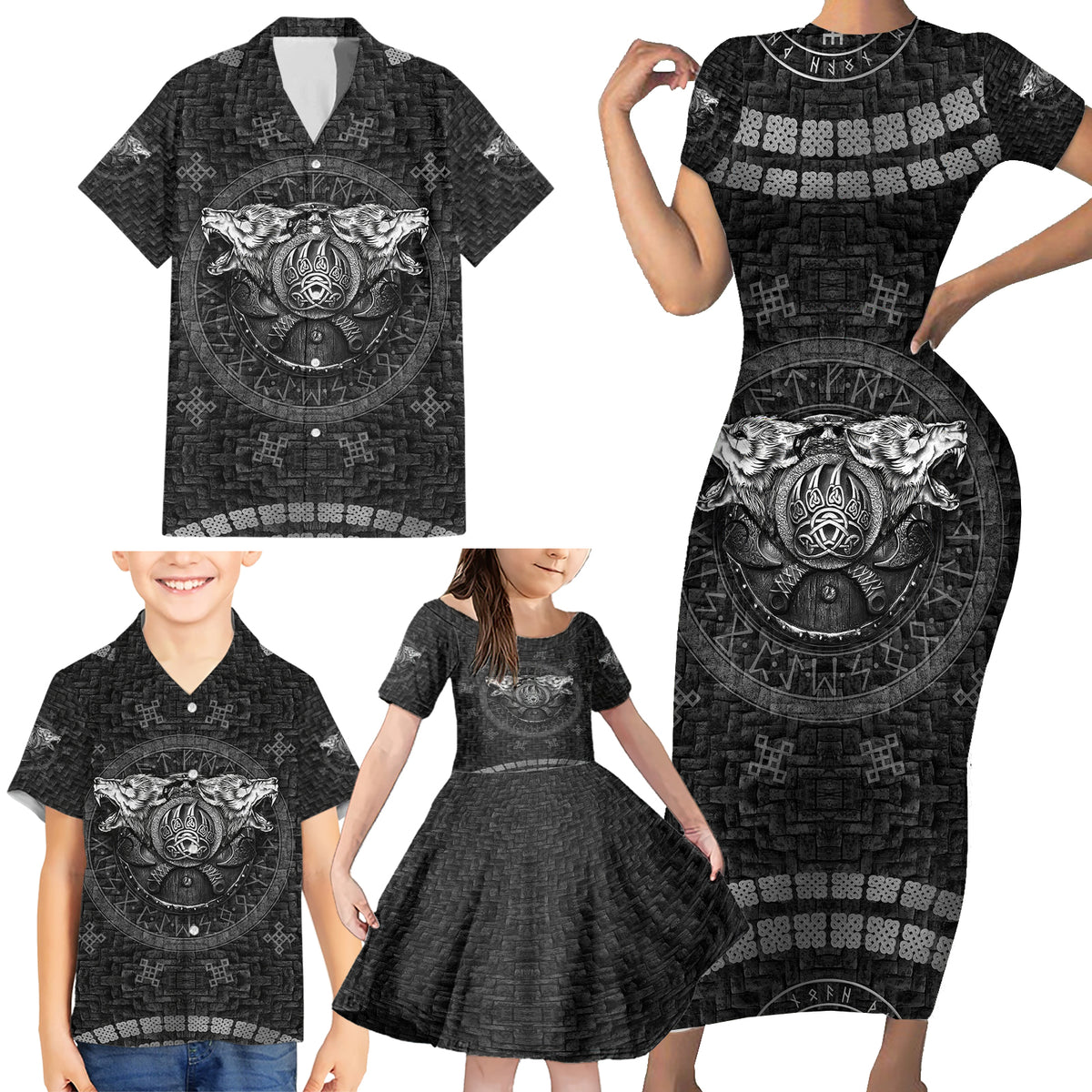 Viking Family Matching Short Sleeve Bodycon Dress and Hawaiian Shirt Norse Wolf and Bearclaw Fusion - Wonder Print Shop