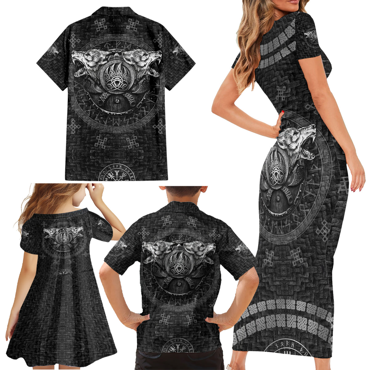 Viking Family Matching Short Sleeve Bodycon Dress and Hawaiian Shirt Norse Wolf and Bearclaw Fusion - Wonder Print Shop