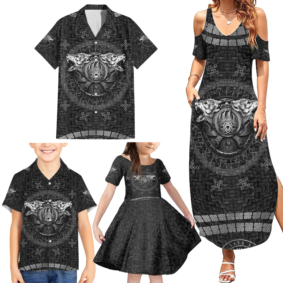 Viking Family Matching Summer Maxi Dress and Hawaiian Shirt Norse Wolf and Bearclaw Fusion - Wonder Print Shop