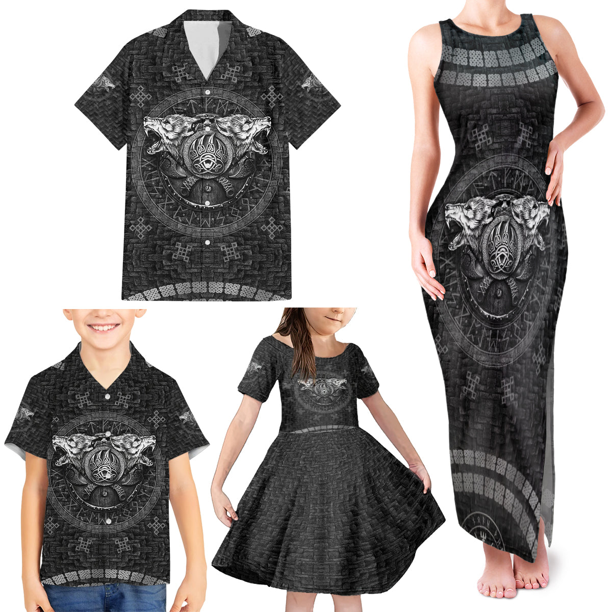 Viking Family Matching Tank Maxi Dress and Hawaiian Shirt Norse Wolf and Bearclaw Fusion - Wonder Print Shop