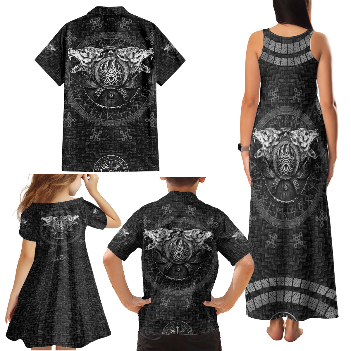 Viking Family Matching Tank Maxi Dress and Hawaiian Shirt Norse Wolf and Bearclaw Fusion - Wonder Print Shop