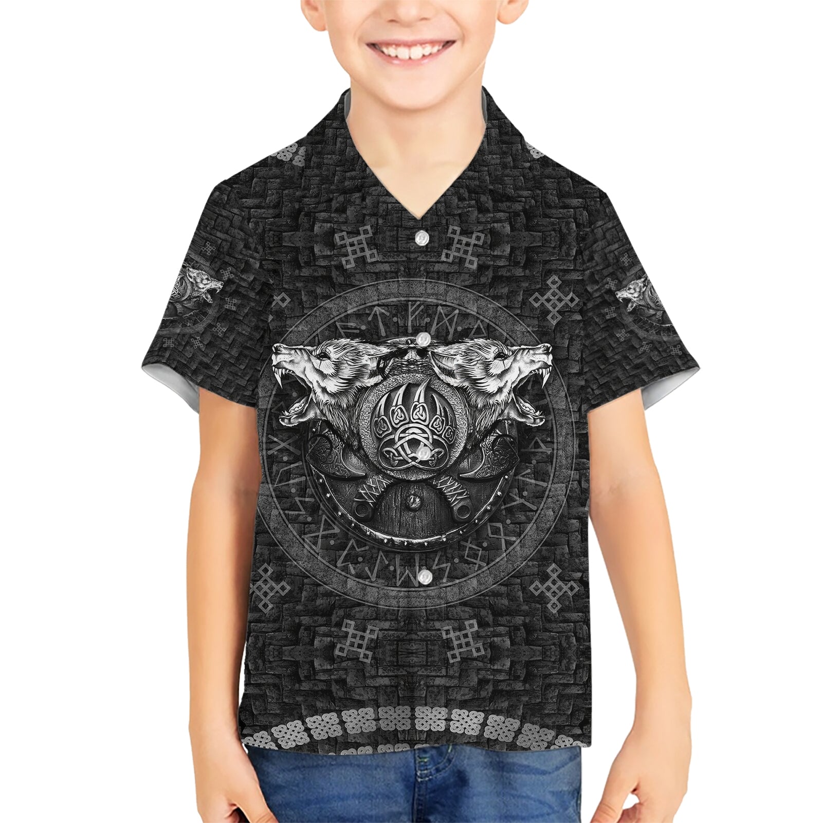 Viking Kid Hawaiian Shirt Norse Wolf and Bearclaw Fusion - Wonder Print Shop