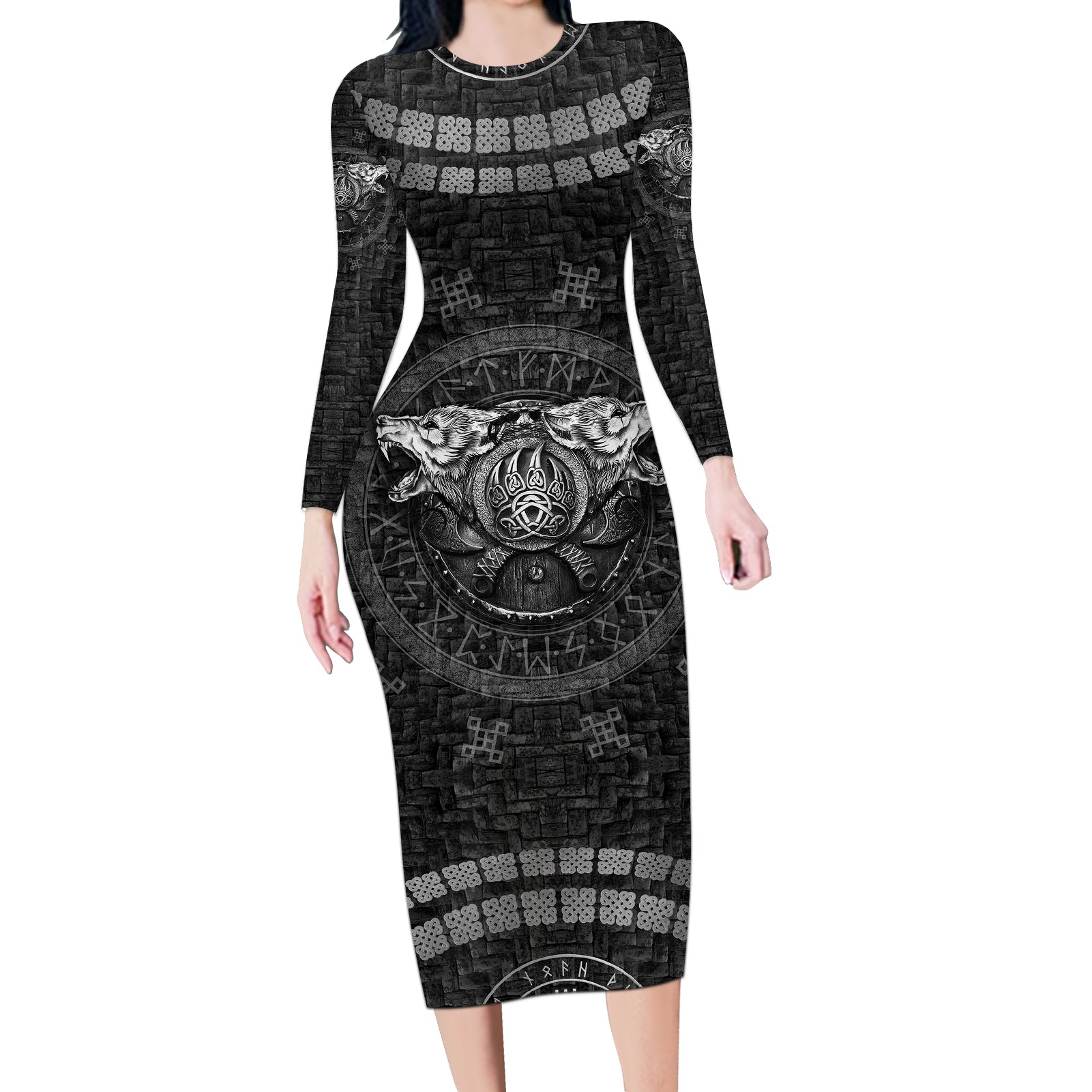 Viking Long Sleeve Bodycon Dress Norse Wolf and Bearclaw Fusion - Wonder Print Shop