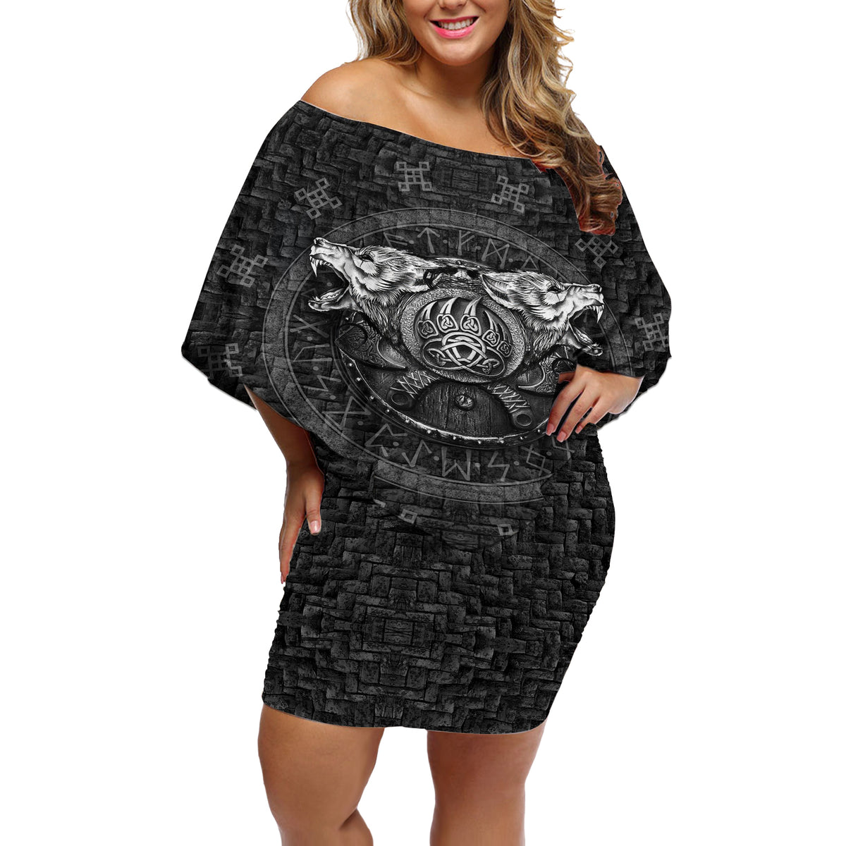 Viking Off Shoulder Short Dress Norse Wolf and Bearclaw Fusion - Wonder Print Shop