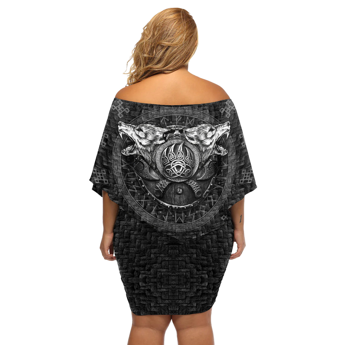 Viking Off Shoulder Short Dress Norse Wolf and Bearclaw Fusion - Wonder Print Shop