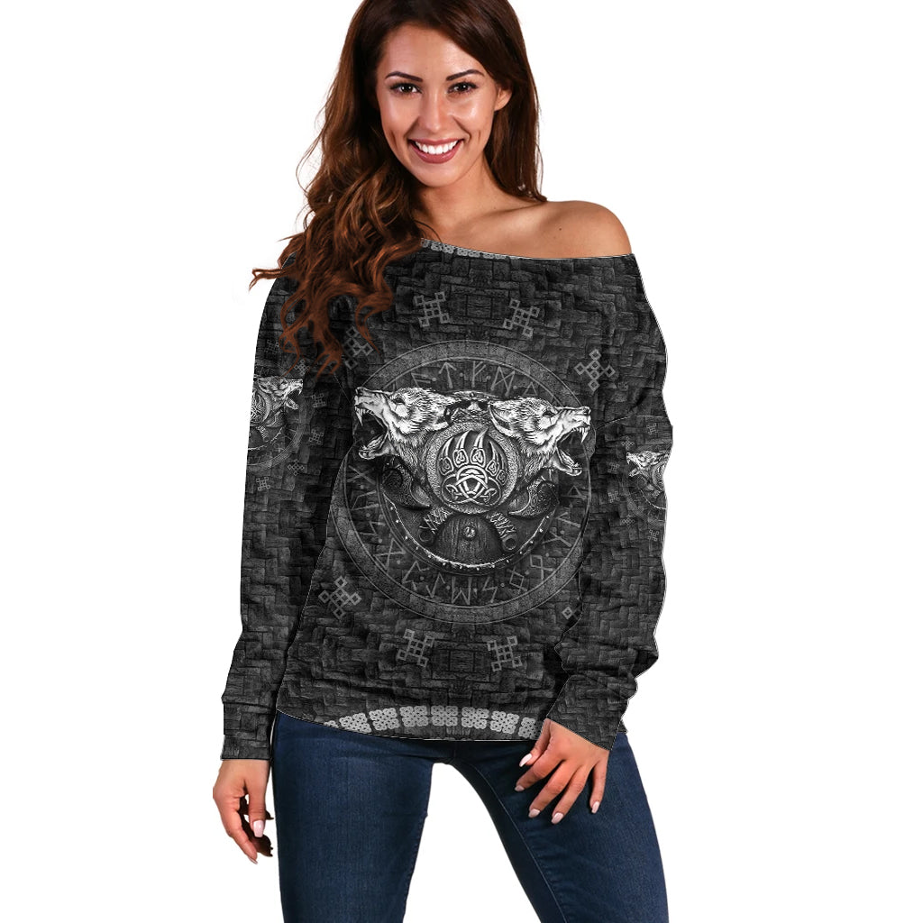 Viking Off Shoulder Sweater Norse Wolf and Bearclaw Fusion - Wonder Print Shop