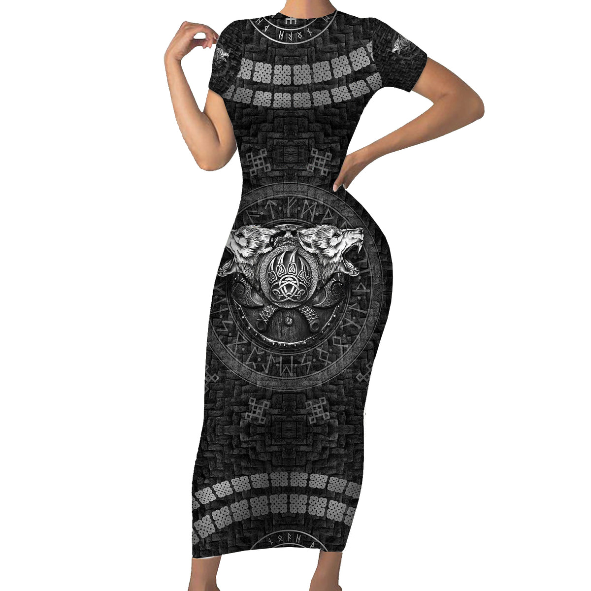 Viking Short Sleeve Bodycon Dress Norse Wolf and Bearclaw Fusion - Wonder Print Shop