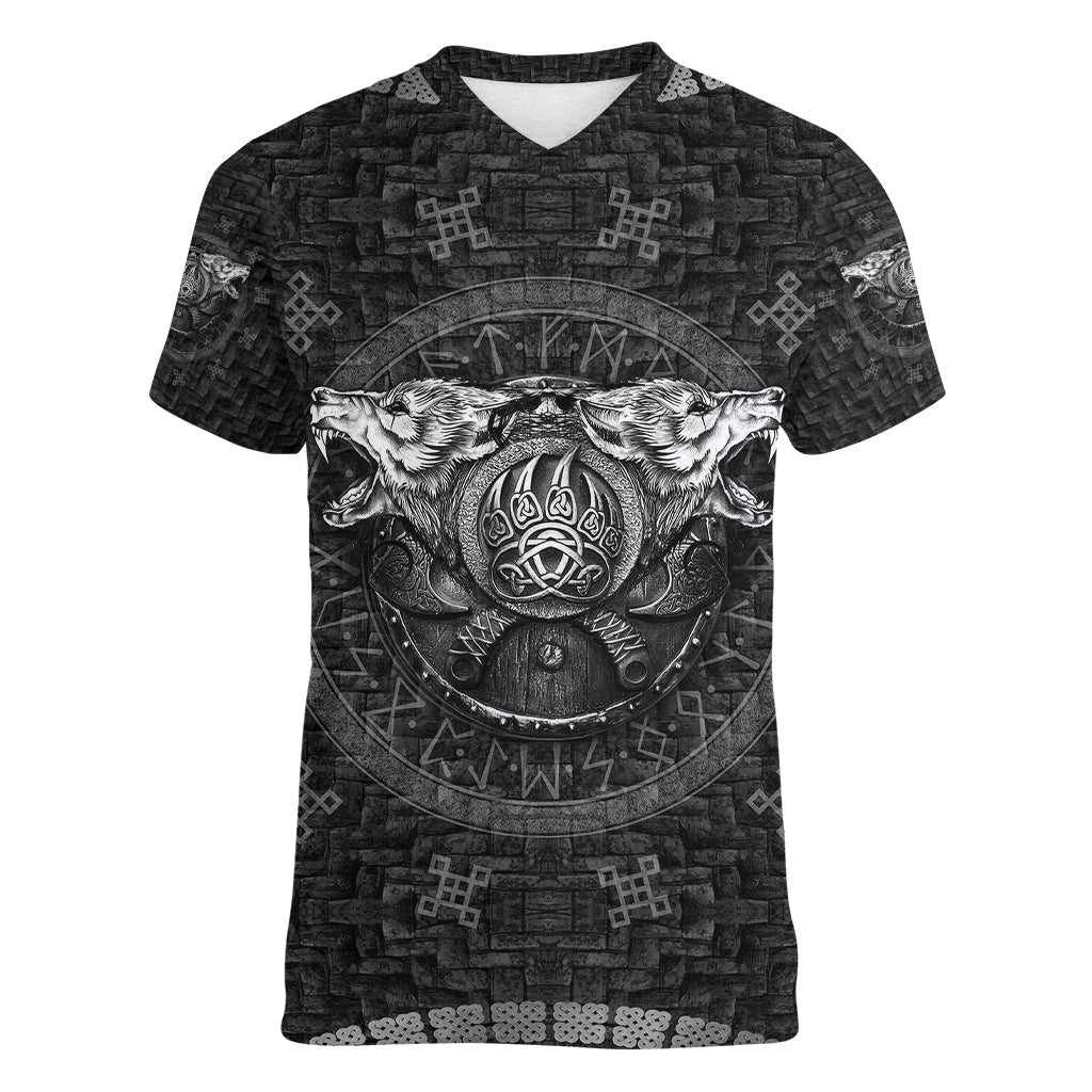 Viking Women V Neck T Shirt Norse Wolf and Bearclaw Fusion - Wonder Print Shop