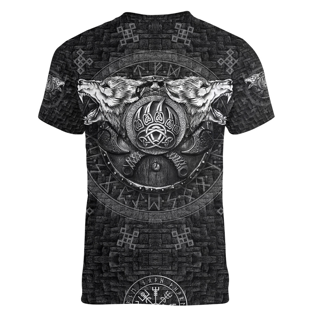 Viking Women V Neck T Shirt Norse Wolf and Bearclaw Fusion - Wonder Print Shop