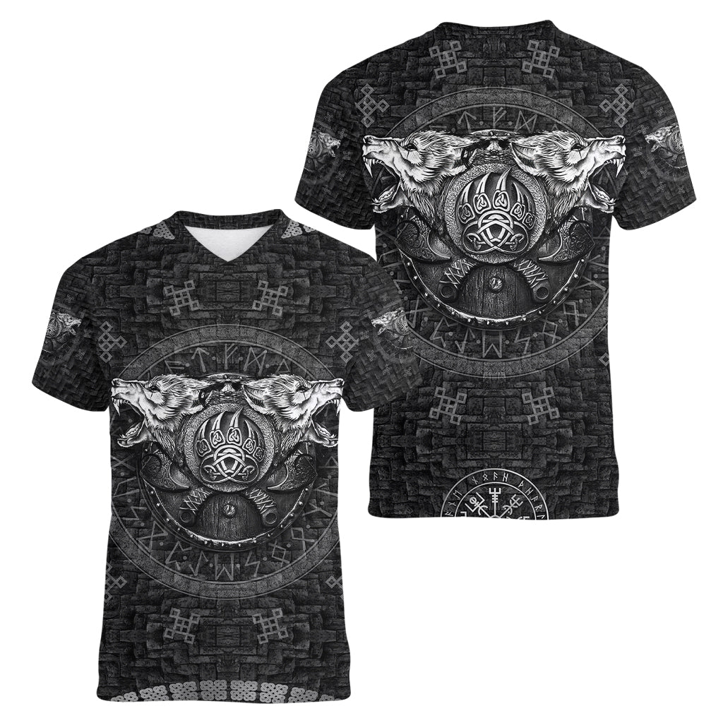 Viking Women V Neck T Shirt Norse Wolf and Bearclaw Fusion - Wonder Print Shop