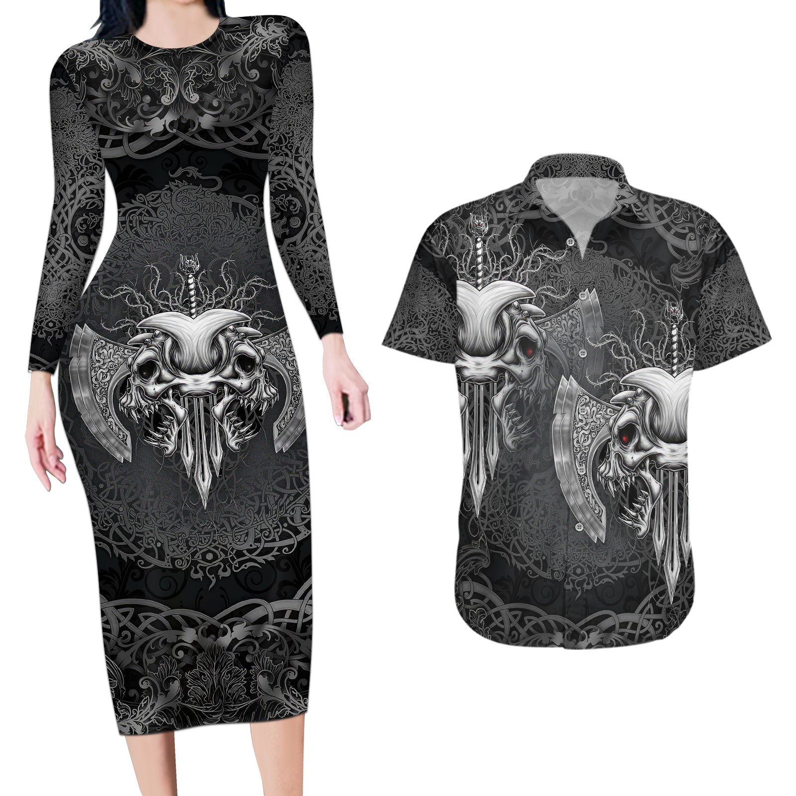 Until Valhalla Viking Skull Couples Matching Long Sleeve Bodycon Dress and Hawaiian Shirt - Wonder Print Shop