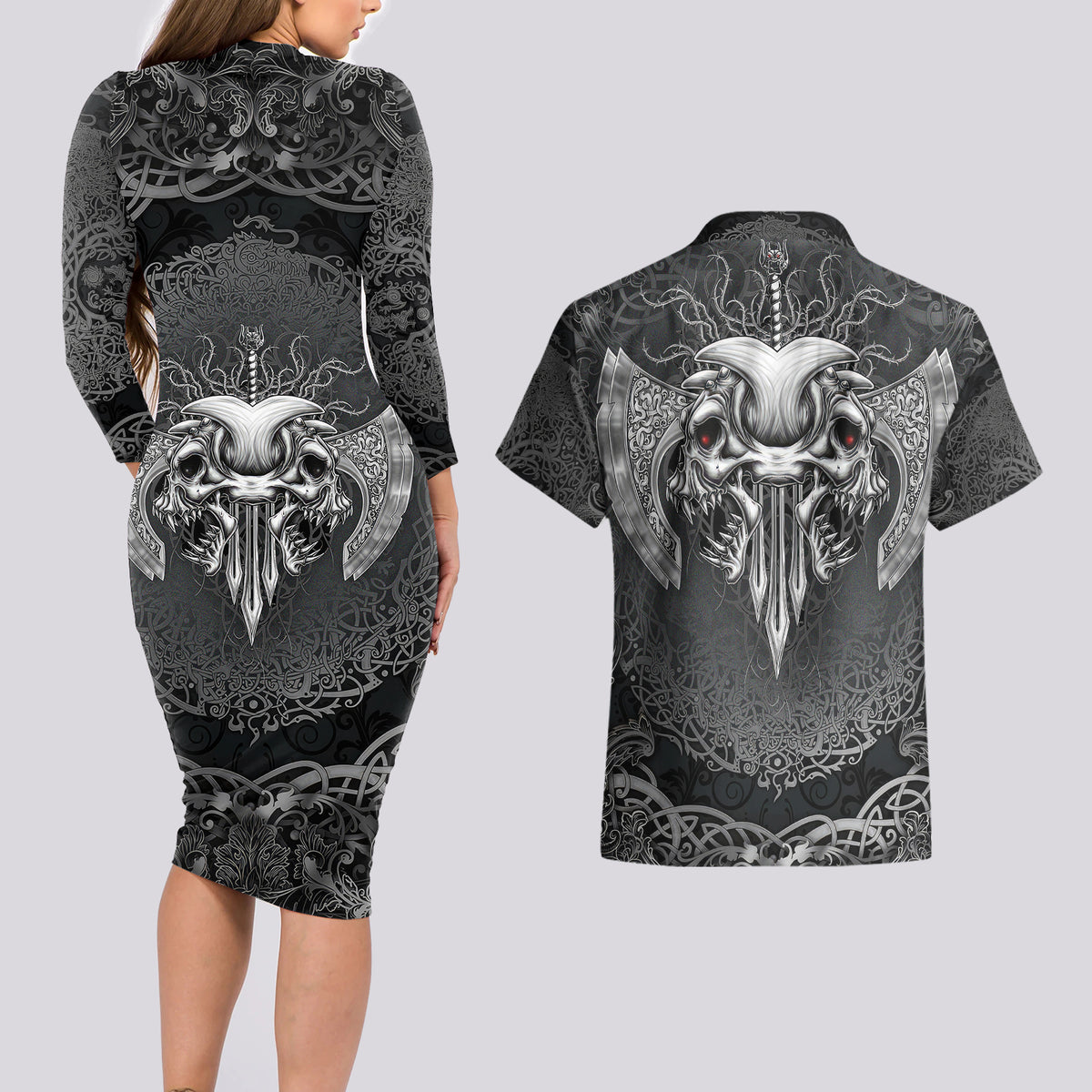 Until Valhalla Viking Skull Couples Matching Long Sleeve Bodycon Dress and Hawaiian Shirt - Wonder Print Shop
