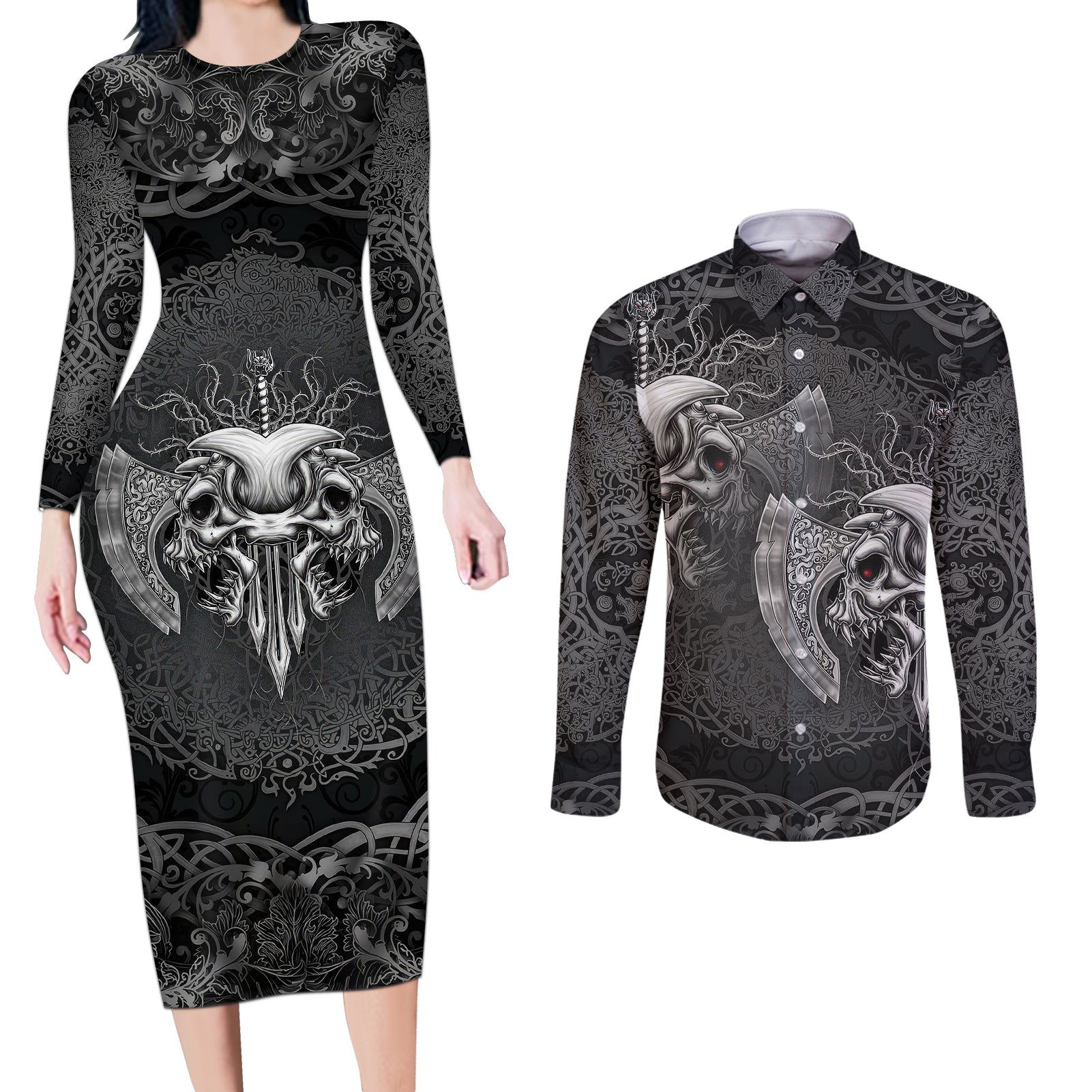 Until Valhalla Viking Skull Couples Matching Long Sleeve Bodycon Dress and Long Sleeve Button Shirts - Wonder Print Shop