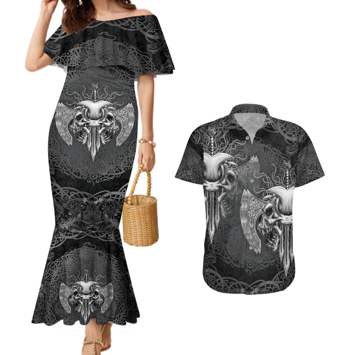 Until Valhalla Viking Skull Couples Matching Mermaid Dress and Hawaiian Shirt - Wonder Print Shop