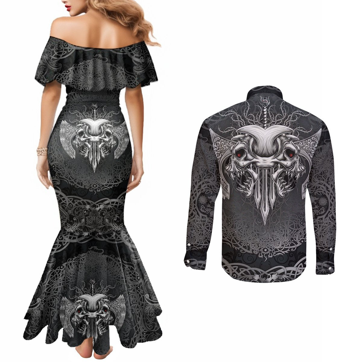 until-valhalla-viking-skull-couples-matching-mermaid-dress-and-long-sleeve-button-shirts