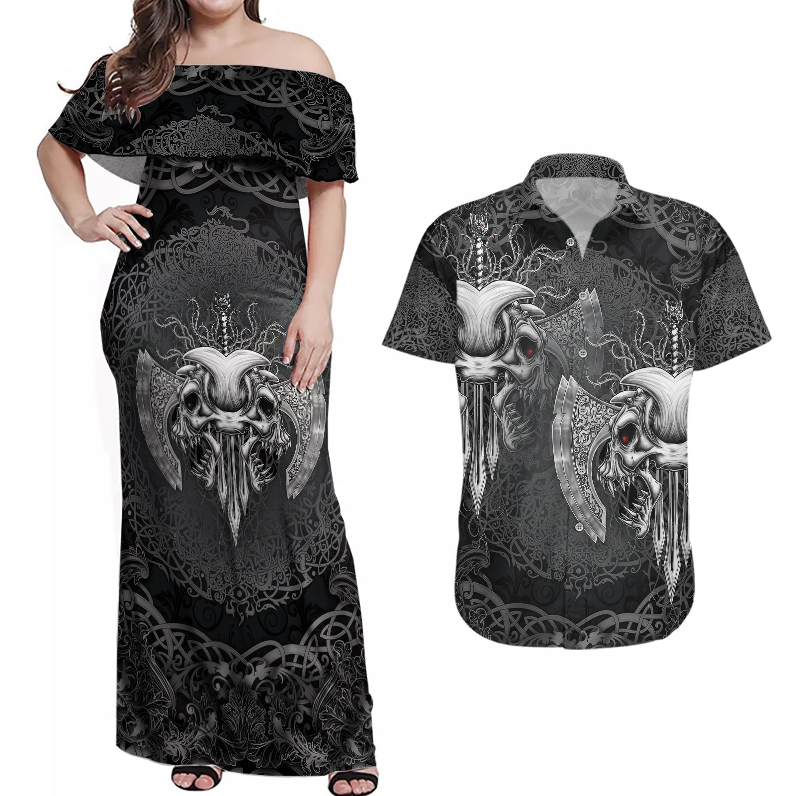 Until Valhalla Viking Skull Couples Matching Off Shoulder Maxi Dress and Hawaiian Shirt - Wonder Print Shop