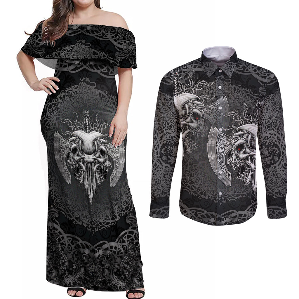 Until Valhalla Viking Skull Couples Matching Off Shoulder Maxi Dress and Long Sleeve Button Shirts - Wonder Print Shop