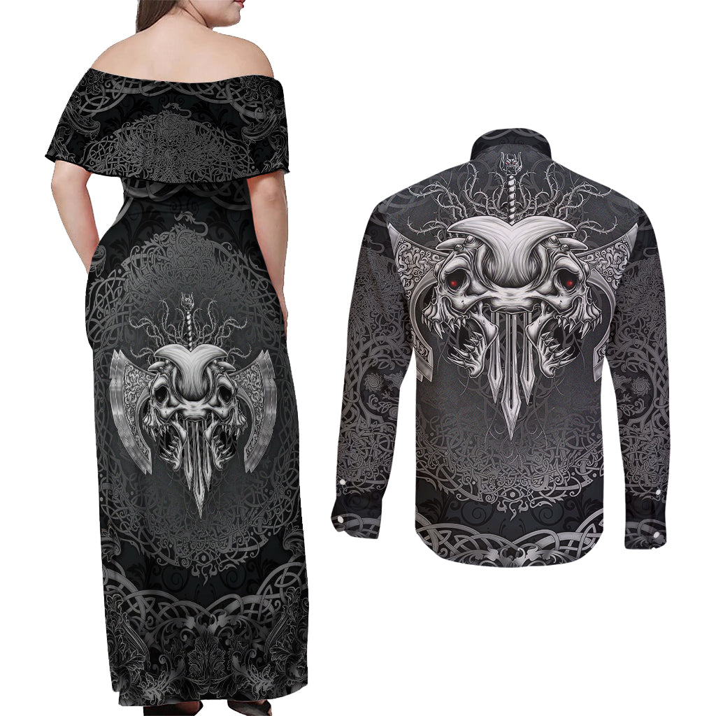 Until Valhalla Viking Skull Couples Matching Off Shoulder Maxi Dress and Long Sleeve Button Shirts - Wonder Print Shop
