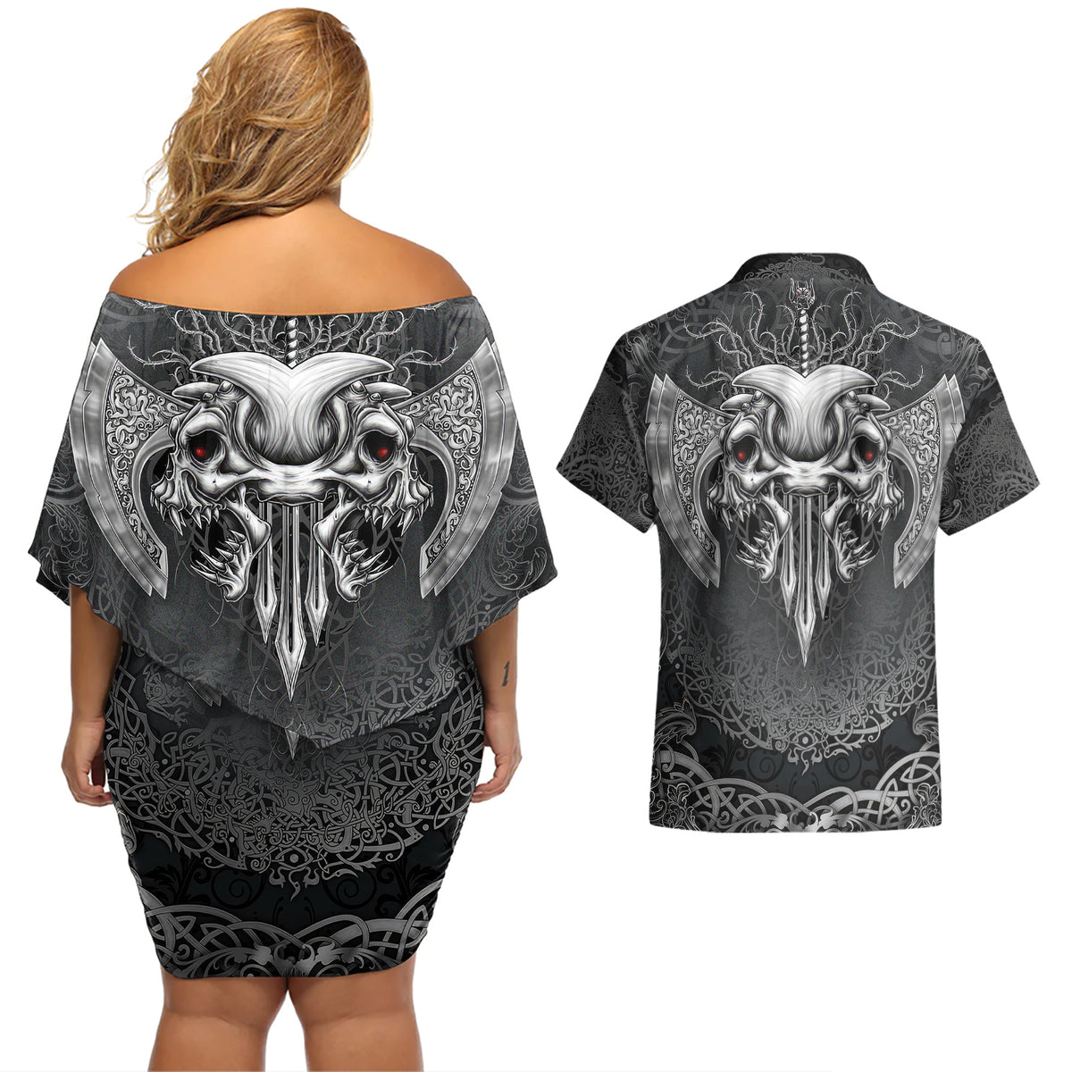 Until Valhalla Viking Skull Couples Matching Off Shoulder Short Dress and Hawaiian Shirt - Wonder Print Shop