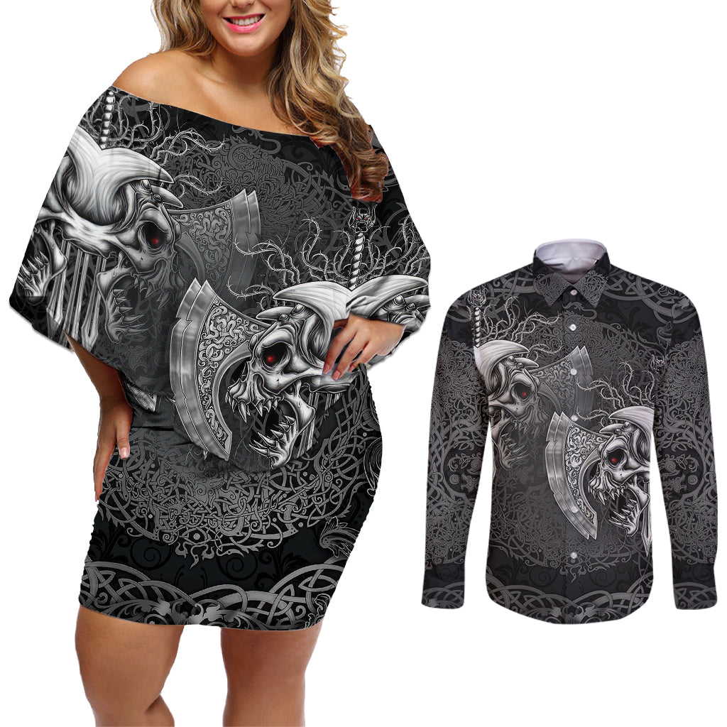 Until Valhalla Viking Skull Couples Matching Off Shoulder Short Dress and Long Sleeve Button Shirts - Wonder Print Shop